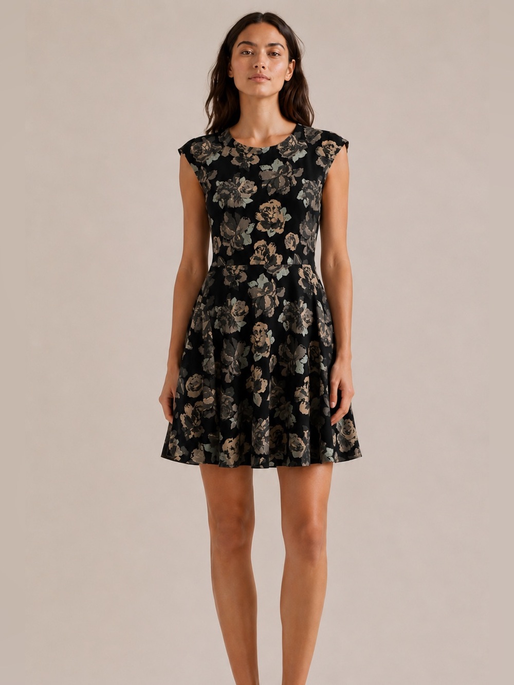 Aritzia Black Floral Mini Dress with Taupe and Olive Blooms